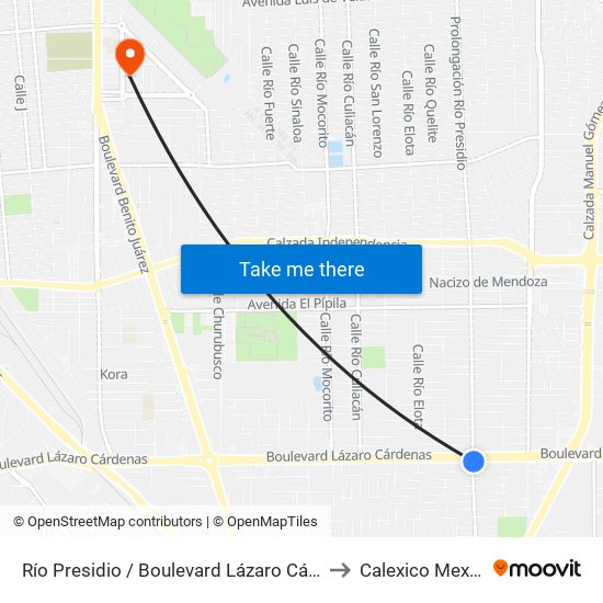 Río Presidio / Boulevard Lázaro Cárdenas to Calexico Mexicali map