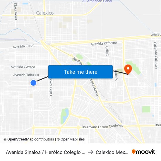 Avenida Sinaloa / Heróico Colegio Militar to Calexico Mexicali map
