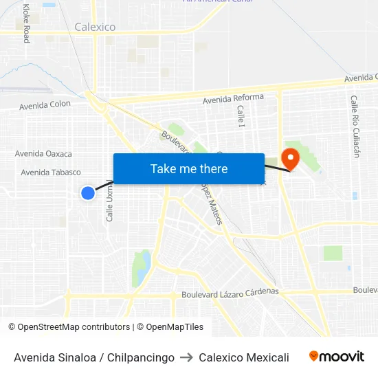 Avenida Sinaloa / Chilpancingo to Calexico Mexicali map