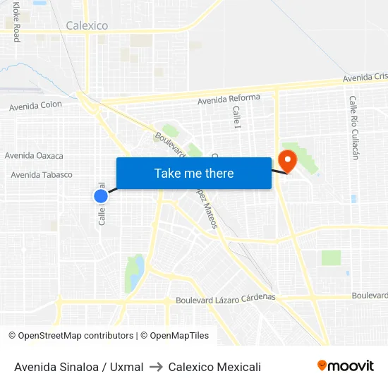 Avenida Sinaloa / Uxmal to Calexico Mexicali map