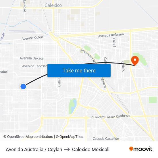 Avenida Australia / Ceylán to Calexico Mexicali map