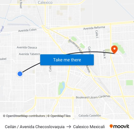 Ceilán / Avenida Checoslovaquia to Calexico Mexicali map