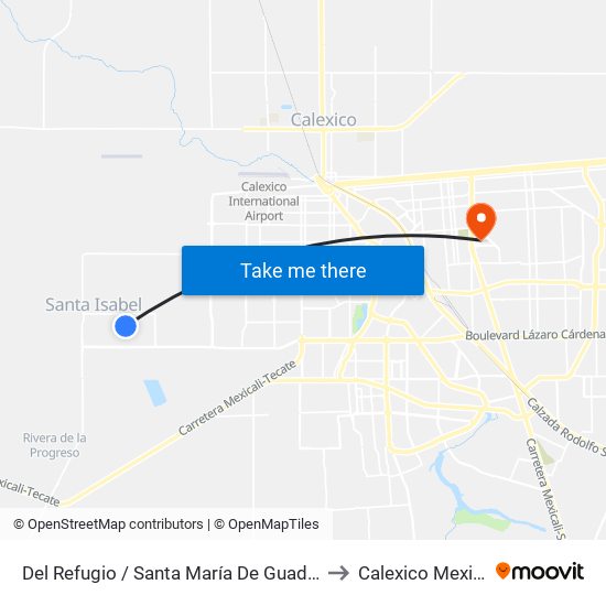 Del Refugio / Santa María De Guadalupe to Calexico Mexicali map