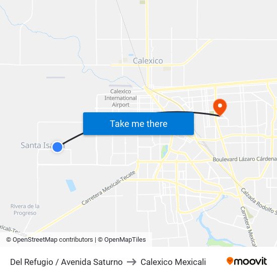 Del Refugio / Avenida Saturno to Calexico Mexicali map