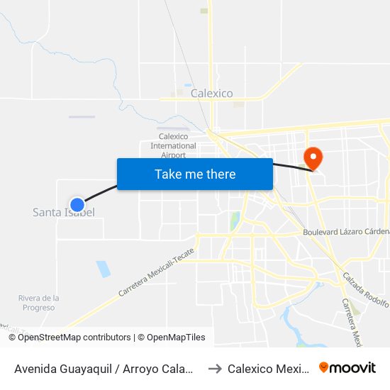 Avenida Guayaquil / Arroyo Calamajue to Calexico Mexicali map