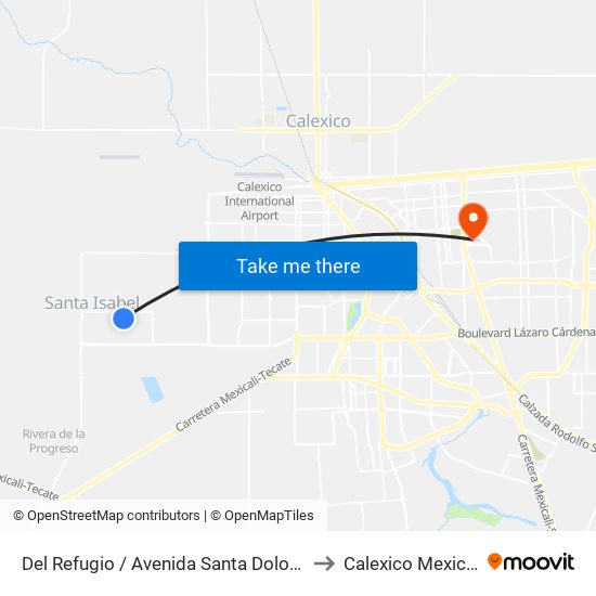 Del Refugio / Avenida Santa Dolores to Calexico Mexicali map