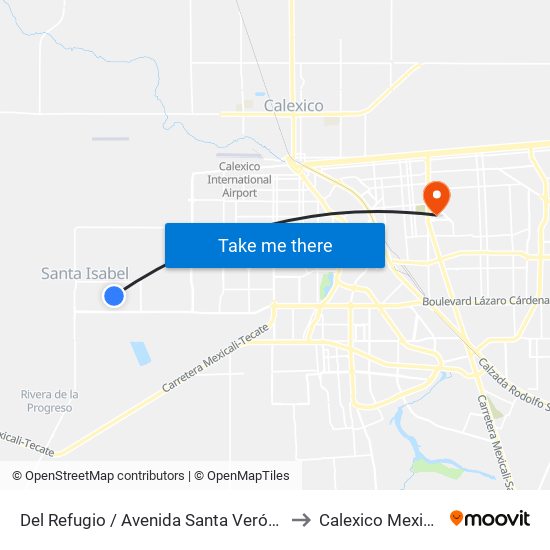 Del Refugio / Avenida Santa Verónica to Calexico Mexicali map