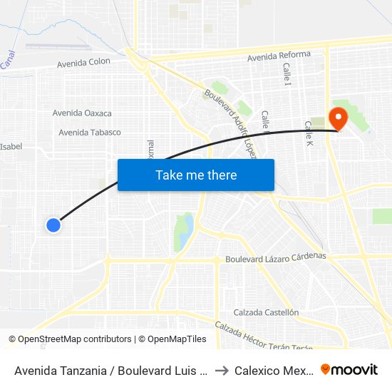 Avenida Tanzania / Boulevard Luis Álvarez to Calexico Mexicali map