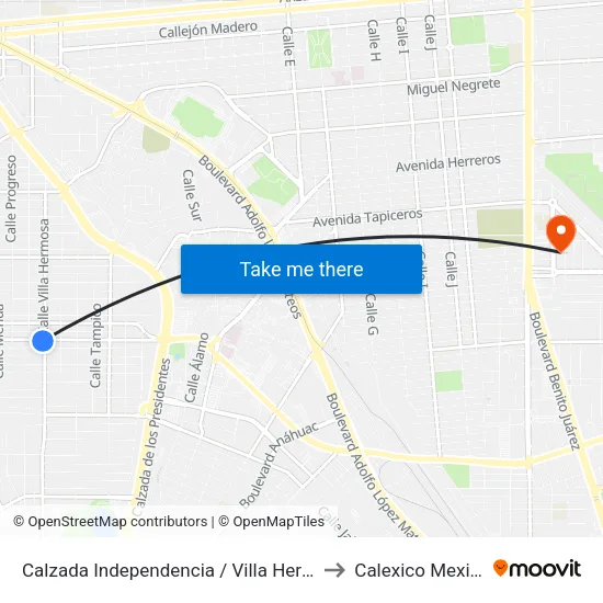 Calzada Independencia / Villa Hermosa to Calexico Mexicali map