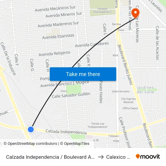 Calzada Independencia / Boulevard Adolfo López Mateos to Calexico Mexicali map