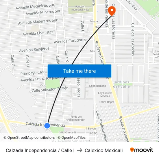 Calzada Independencia / Calle I to Calexico Mexicali map