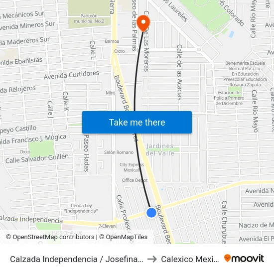 Calzada Independencia / Josefina Haro to Calexico Mexicali map