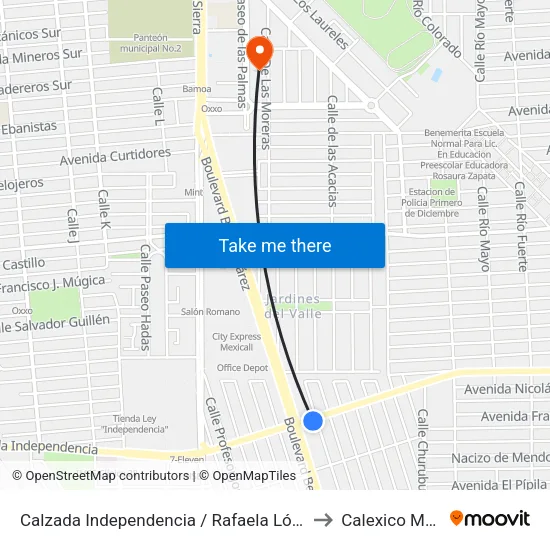 Calzada Independencia / Rafaela López De Rayón to Calexico Mexicali map