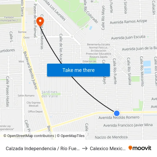 Calzada Independencia / Río Fuerte to Calexico Mexicali map