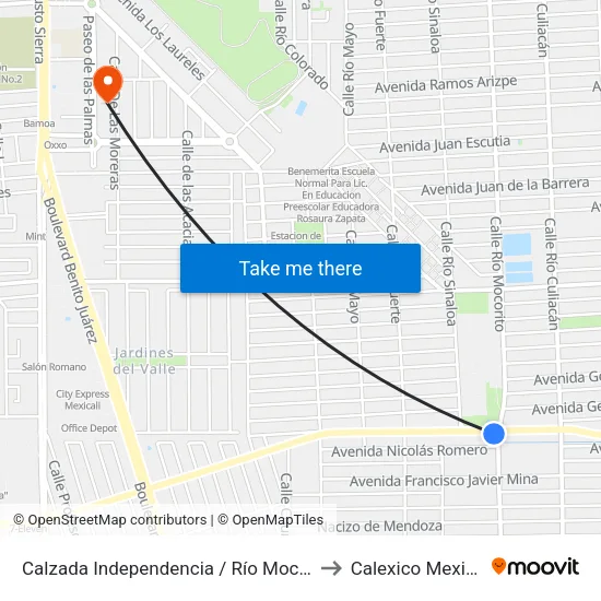 Calzada Independencia / Río Mocorito to Calexico Mexicali map
