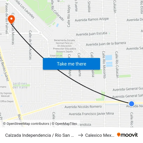 Calzada Independencia / Río San Lorenzo to Calexico Mexicali map