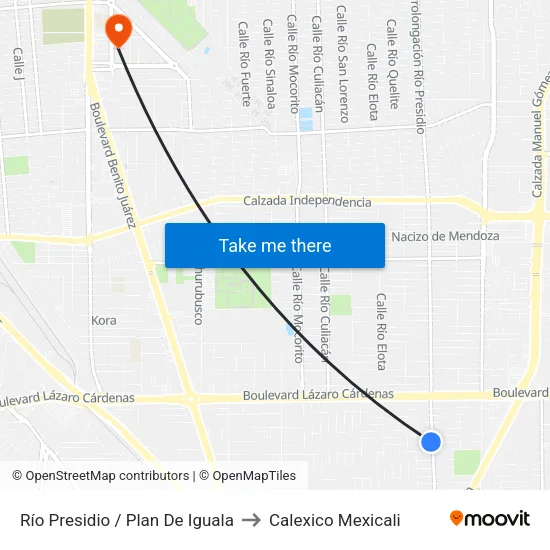 Río Presidio / Plan De Iguala to Calexico Mexicali map