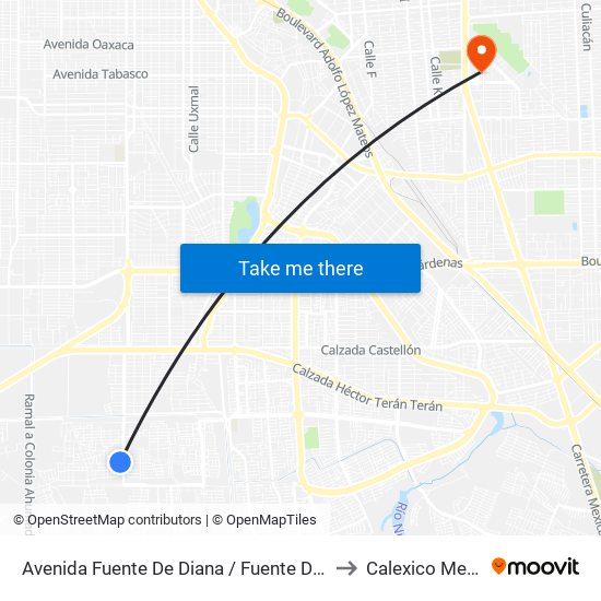 Avenida Fuente De Diana / Fuente De Medusa to Calexico Mexicali map