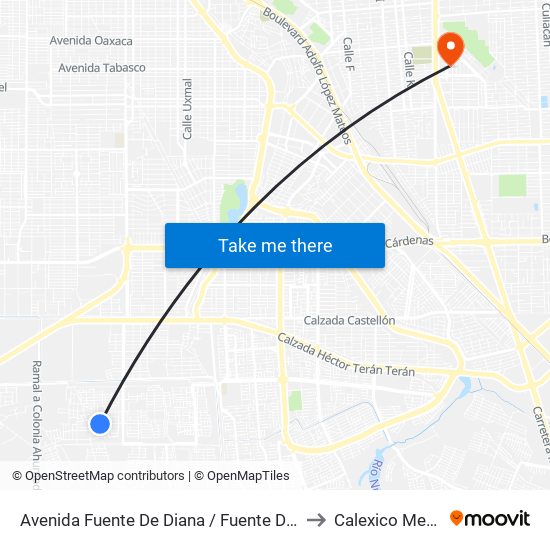 Avenida Fuente De Diana / Fuente Del Trueno to Calexico Mexicali map