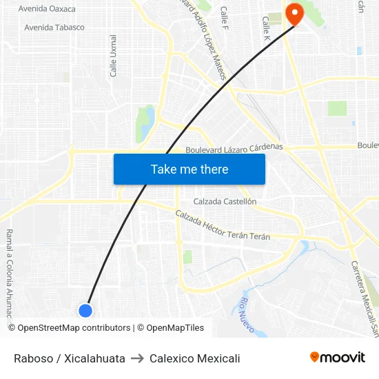 Raboso / Xicalahuata to Calexico Mexicali map
