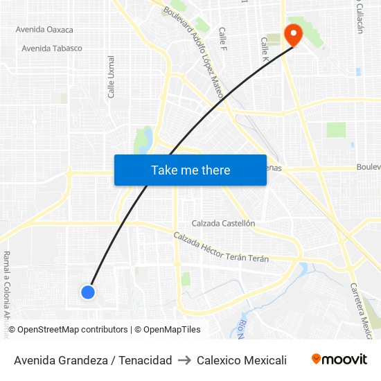 Avenida Grandeza / Tenacidad to Calexico Mexicali map