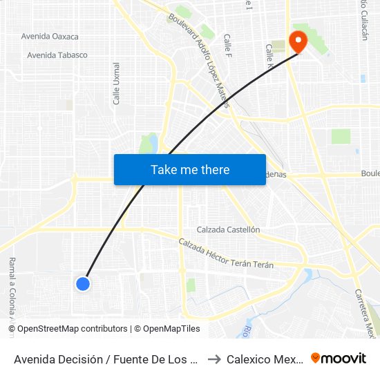 Avenida Decisión / Fuente De Los Deseos to Calexico Mexicali map