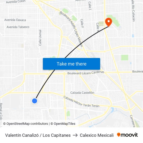 Valentín Canalizó / Los Capitanes to Calexico Mexicali map