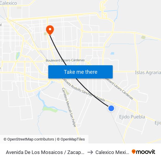 Avenida De Los Mosaicos / Zacapoaxtla to Calexico Mexicali map