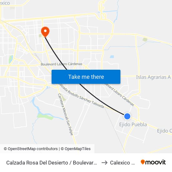 Calzada Rosa Del Desierto / Boulevard Sánchez Taboada to Calexico Mexicali map
