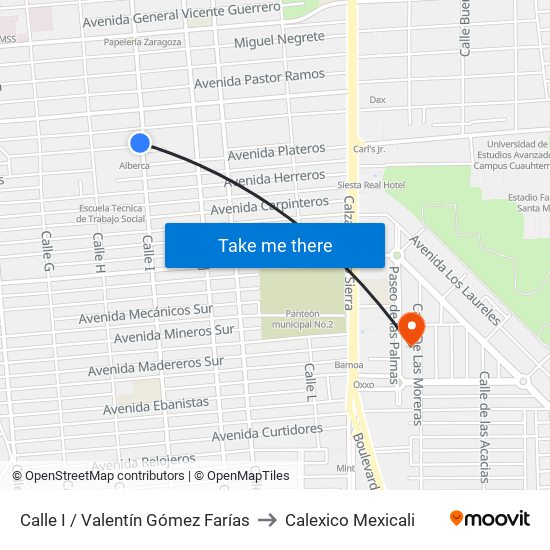 Calle I / Valentín Gómez Farías to Calexico Mexicali map