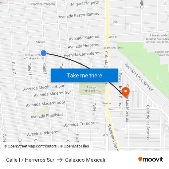Calle I / Herreros Sur to Calexico Mexicali map