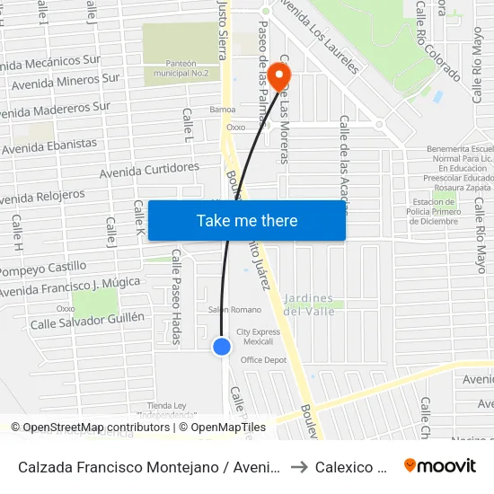 Calzada Francisco Montejano / Avenida Gabriel Mancera to Calexico Mexicali map