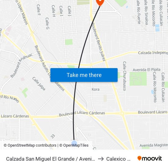 Calzada San Miguel El Grande / Avenida Niños Héroes to Calexico Mexicali map