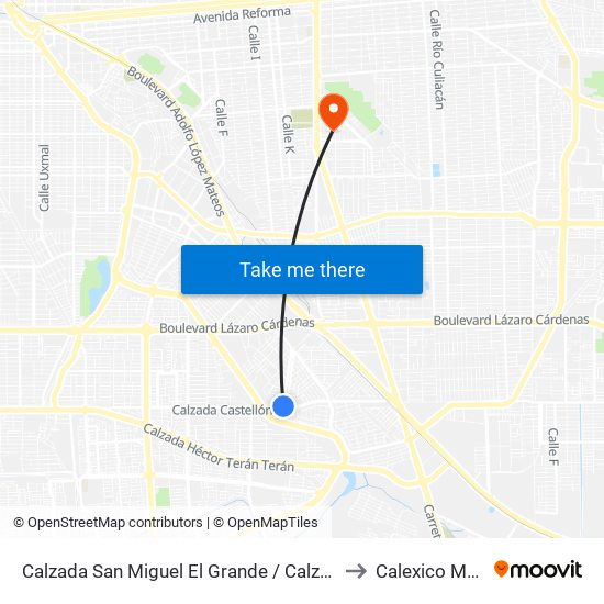 Calzada San Miguel El Grande / Calzada Castellón to Calexico Mexicali map