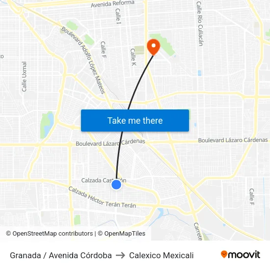 Granada / Avenida Córdoba to Calexico Mexicali map