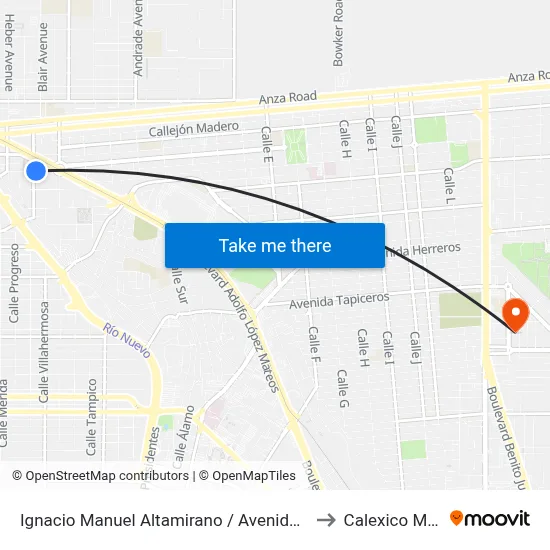 Ignacio Manuel Altamirano / Avenida Benito Juárez to Calexico Mexicali map