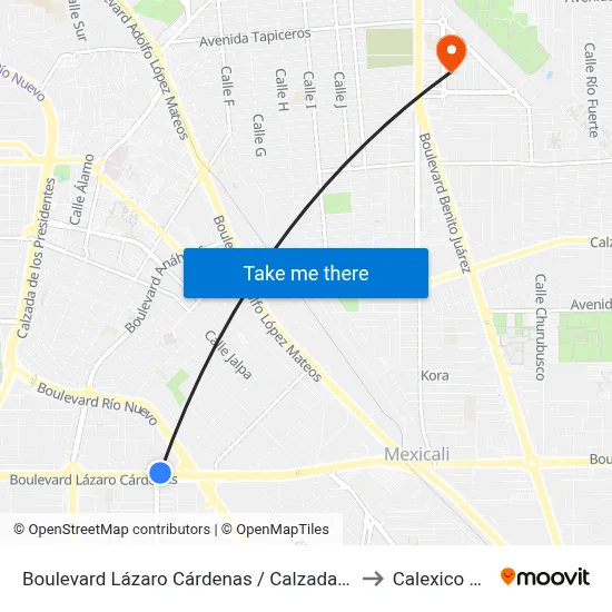 Boulevard Lázaro Cárdenas / Calzada Lombardo Toledano to Calexico Mexicali map