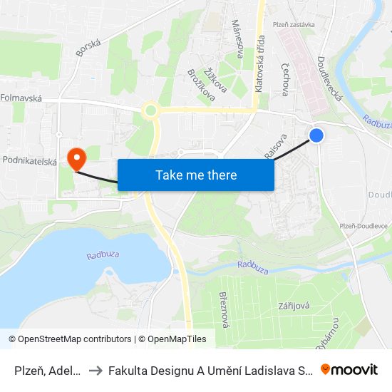 Plzeň, Adelova to Fakulta Designu A Umění Ladislava Sutnara map