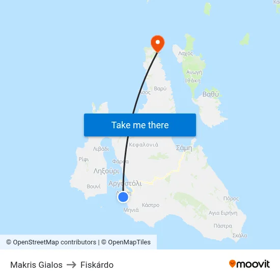 Makris Gialos to Fiskardo map