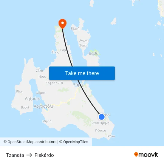 Tzanata to Fiskardo map