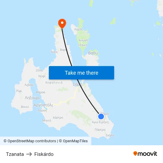Tzanata to Fiskardo map