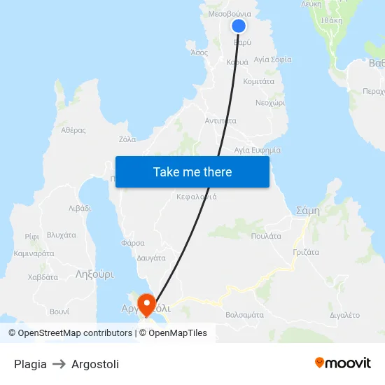 Plagia to Argostoli map