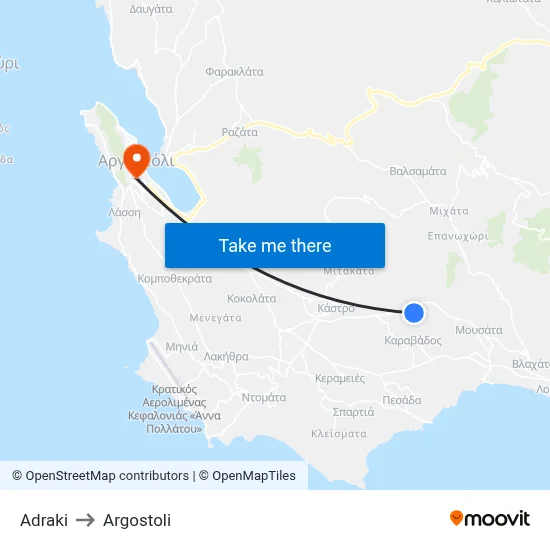 Adraki to Argostoli map