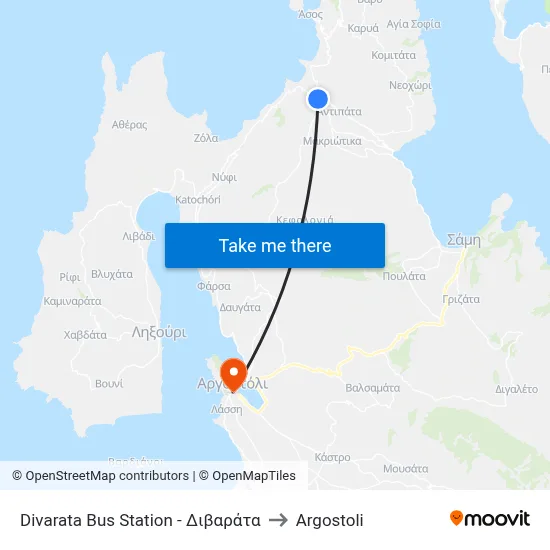 Divarata Bus Station to Argostoli map
