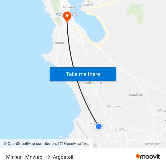 Minies to Argostoli map