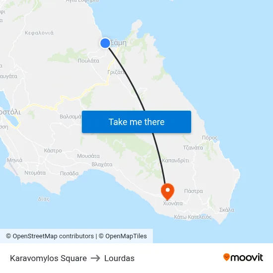 Karavomylos Square to Lourdas map