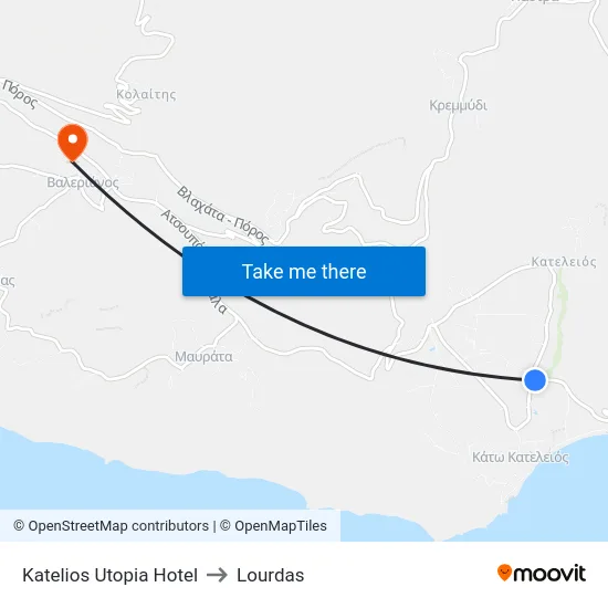 Katelios Utopia Hotel to Lourdas map