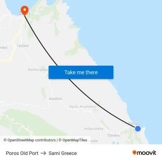 Poros Old Port to Sami Greece map
