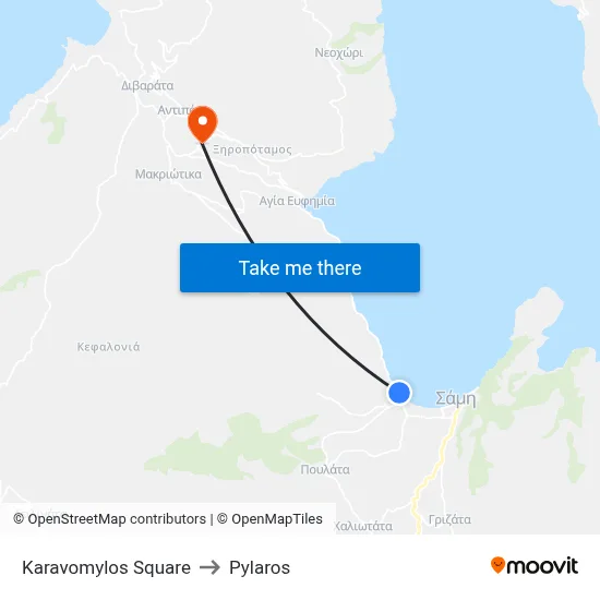 Karavomylos Square to Pylaros map