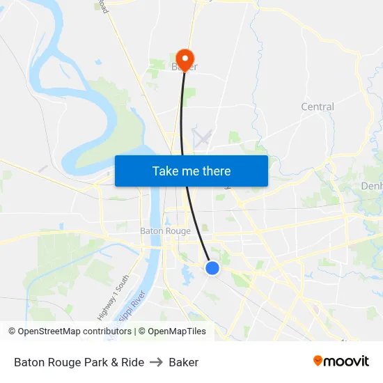 Baton Rouge Park & Ride to Baker map